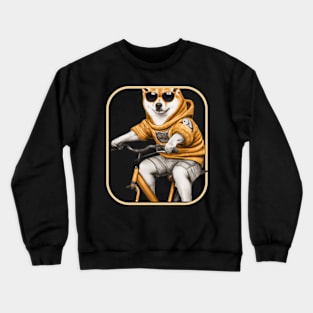 Shiba Inu wearing a hoodie riding a bike and wearing sunglasses Crewneck Sweatshirt